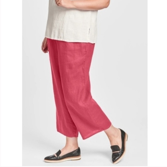 Flax Pants - FLAX Linen Pants Pull-On Elastic Waist Side Pockets Bright Pink Lagenlook